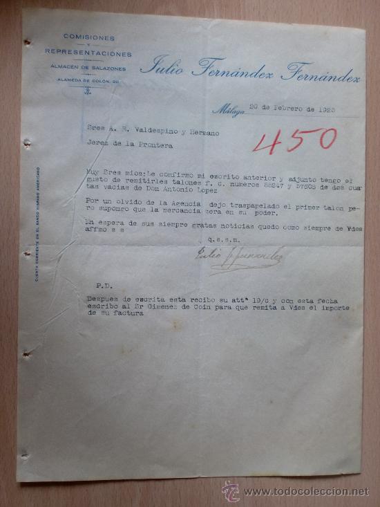 Lettere commerciali: CARTA COMERCIAL. MALAGA 1925. JULIO FERNANDEZ FERNANDEZ. COMISIONES Y REPRESENTACIONES.