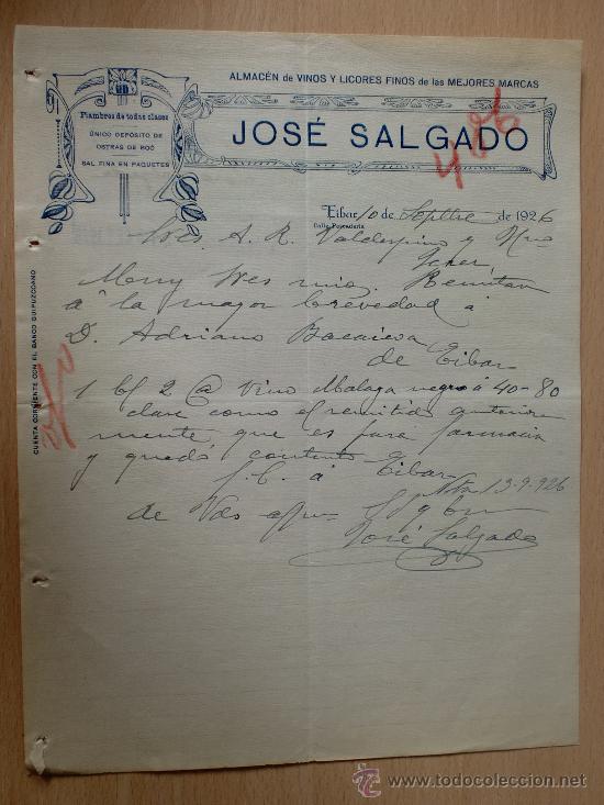 Lettere commerciali: CARTA COMERCIAL. EIBAR 1926. JOSE SALGADO. ALMACEN DE VINOS Y LICORES FINOS. MEJORES MARCAS.
