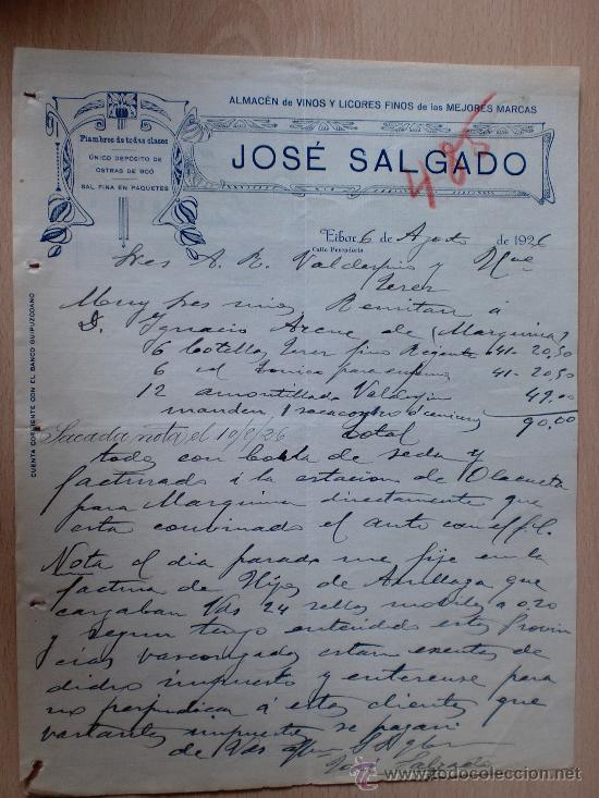 Lettere commerciali: CARTA COMERCIAL. EIBAR 1926. JOSE SALGADO. ALMACEN DE VINOS Y LICORES FINOS. MEJORES MARCAS.