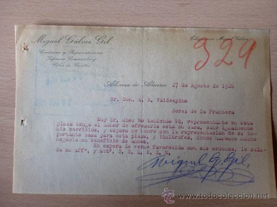 Lettere commerciali: CARTA COMERCIAL. ALHAMA DE ALMERIA 1926. MIGUEL GALVEZ GIL. COMISIONES Y REPRESENTACIONES.