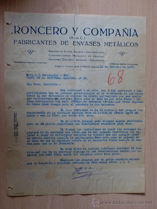 Lettere commerciali: CARTA COMERCIAL. DOS CAMINOS, VIZCAYA 1927. RONCERO Y COMPA&Ntilde;IA. ENVASES METALICOS.