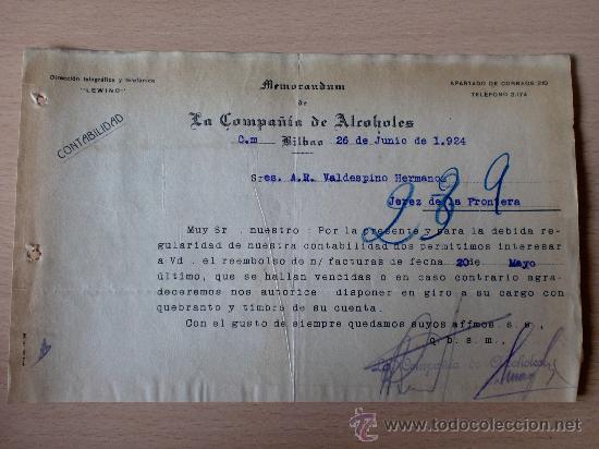 Lettere commerciali: CARTA COMERCIAL. BILBAO 1924. MEMORANDUM DE LA COMPA&Ntilde;IA DE ALCOHOLES. A VALDESPINO.