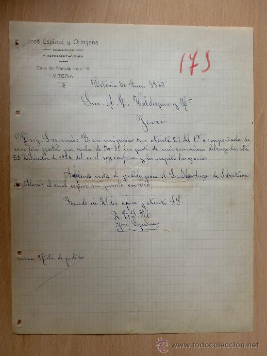 Lettere commerciali: CARTA COMERCIAL. VITORIA 1925. JOSE ESPIZUA Y ORMIJANA. COMISIONES Y REPRESENTACIONES.