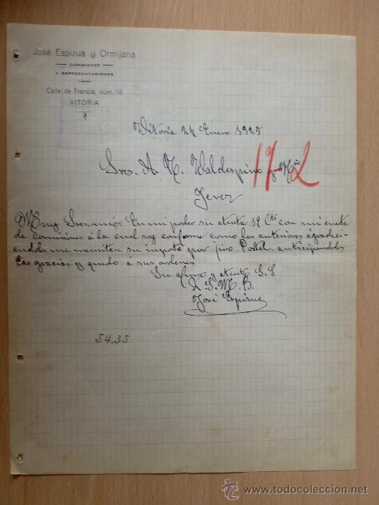 Lettere commerciali: CARTA COMERCIAL. VITORIA 1925. JOSE ESPIZUA Y ORMIJANA. COMISIONES Y REPRESENTACIONES.