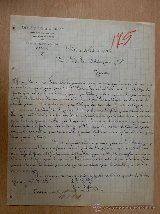 Lettere commerciali: CARTA COMERCIAL. VITORIA 1925. JOSE ESPIZUA Y ORMIJANA. COMISIONES Y REPRESENTACIONES.
