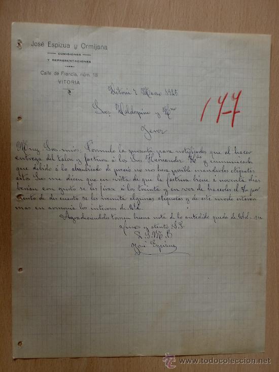 Lettere commerciali: CARTA COMERCIAL. VITORIA 1925. JOSE ESPIZUA Y ORMIJANA. COMISIONES Y REPRESENTACIONES.