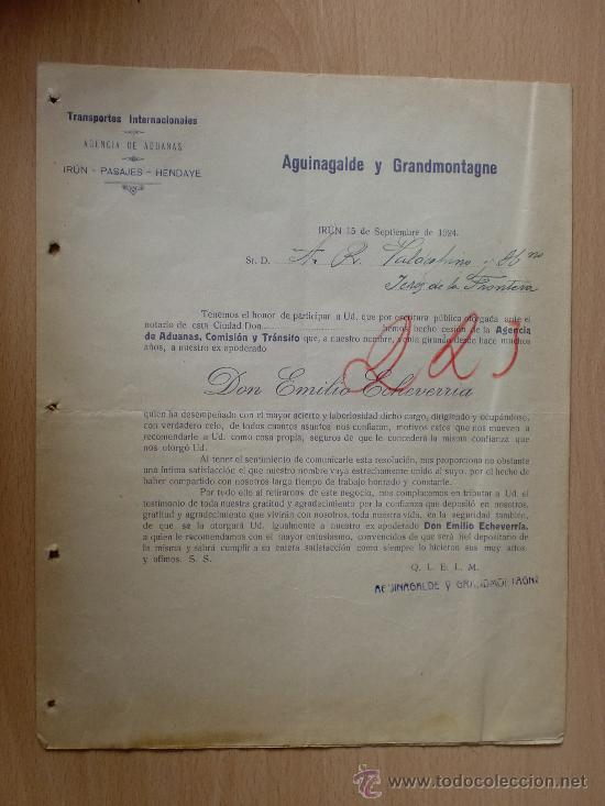 Lettere commerciali: CARTA COMERCIAL. IRUN 1924. AGUINAGALDE Y GRANDMONTAGNE. TRANSPORTES INTERNACIONALES.