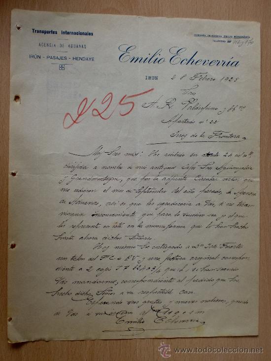 Lettere commerciali: CARTA COMERCIAL. IRUN 1925. EMILIO ECHEVERRIA. TRANSPORTES INTERNACIONALES. AGENCIA DE ADUANAS.