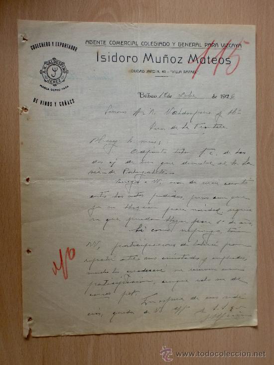 Lettere commerciali: CARTA COMERCIAL. BILBAO 1926. ISIDORO MU&Ntilde;OZ MATEOS. COSECHERO Y EXPORTADOR DE VINOS Y CO&Ntilde;ACS.
