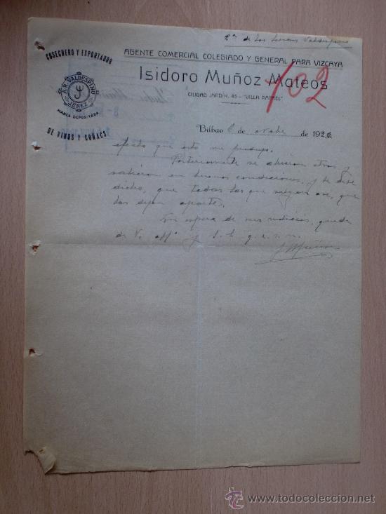 Lettere commerciali: CARTA COMERCIAL. BILBAO 1926. ISIDORO MU&Ntilde;OZ MATEOS. COSECHERO Y EXPORTADOR DE VINOS Y CO&Ntilde;ACS.