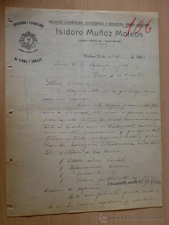 Lettere commerciali: CARTA COMERCIAL. BILBAO 1926. ISIDORO MU&Ntilde;OZ MATEOS. COSECHERO Y EXPORTADOR DE VINOS Y CO&Ntilde;ACS.