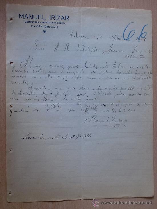 Lettere commerciali: CARTA COMERCIAL. TOLOSA, GUIPUZCOA. 1924. MANUEL IRIZAR. COMISIONES Y REPRSENTACIONES.