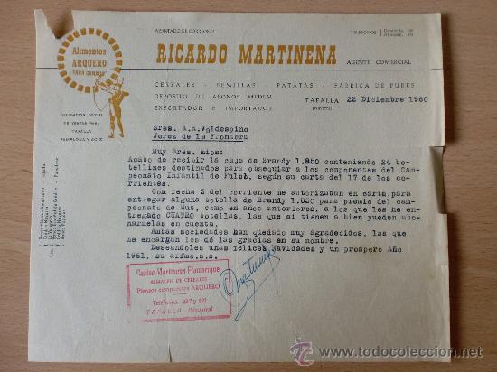 Lettere commerciali: CARTA COMERCIAL. TAFALLA, NAVARRA 1960. RICARDO MARTINENA. ALIMENTOS PARA GANADO ARQUERO.