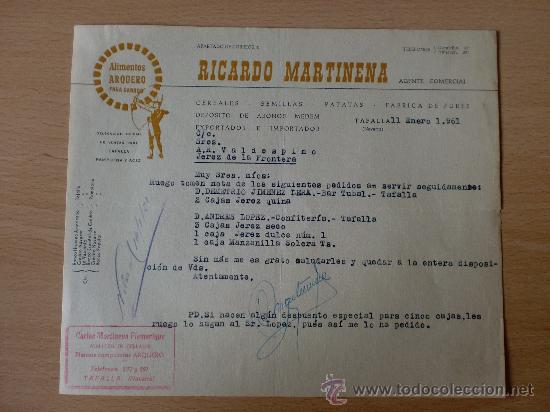 Lettere commerciali: CARTA COMERCIAL. TAFALLA, NAVARRA 1961. RICARDO MARTINENA. ALIMENTOS PARA GANADO ARQUERO.