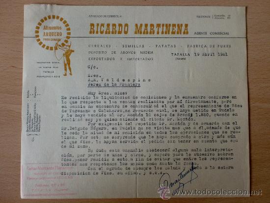 Lettere commerciali: CARTA COMERCIAL. TAFALLA, NAVARRA 1961. RICARDO MARTINENA. ALIMENTOS PARA GANADO ARQUERO.