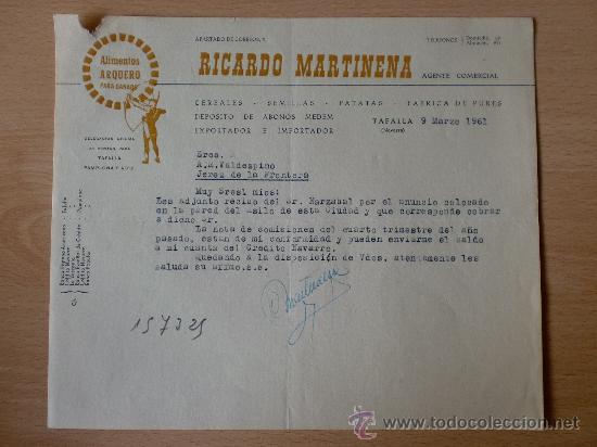 Lettere commerciali: CARTA COMERCIAL. TAFALLA, NAVARRA 1961. RICARDO MARTINENA. ALIMENTOS PARA GANADO ARQUERO.