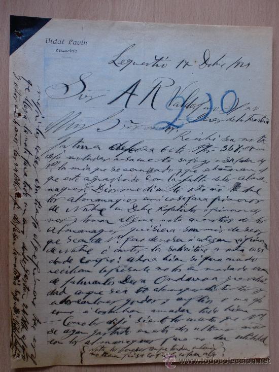 Lettere commerciali: CARTA COMERCIAL. LEQUEITIO 1923. VIDAL LAVIN. A VALDESPINO.