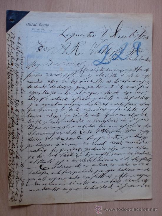 Lettere commerciali: CARTA COMERCIAL. LEQUEITIO 1923. VIDAL LAVIN. A VALDESPINO.