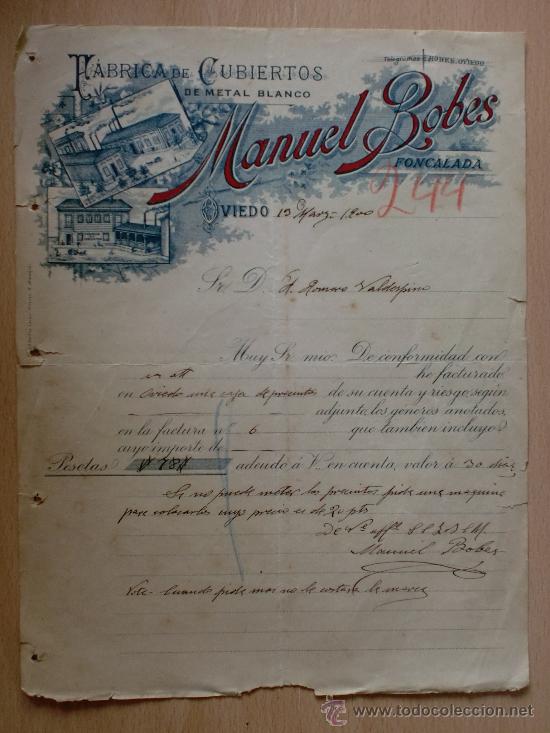 Lettere commerciali: CARTA COMERCIAL. OVIEDO 1900. MANUEL BOBES. FABRICA DE CUBIERTOS DE METAL BLANCO.