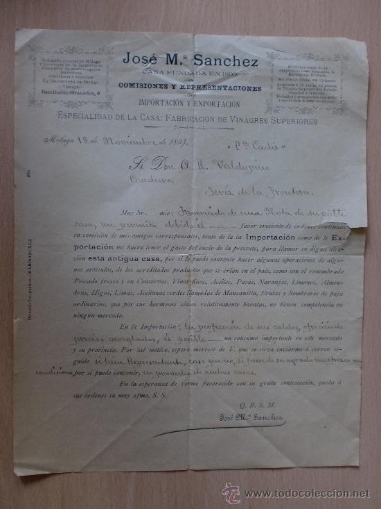 Lettere commerciali: CARTA COMERCIAL. MALAGA 1897. JOSE M&ordf; SANCHEZ. COMISIONES Y REPRESENTACIONES. VINAGRES SUPERIORES.
