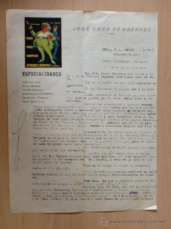 Lettere commerciali: CARTA COMERCIAL. MALAGA 1927. JOSE CANO FERNANDEZ. VINOS CO&Ntilde;ACS CHAMPAGNE. GUTIERREZ HNOS JEREZ.