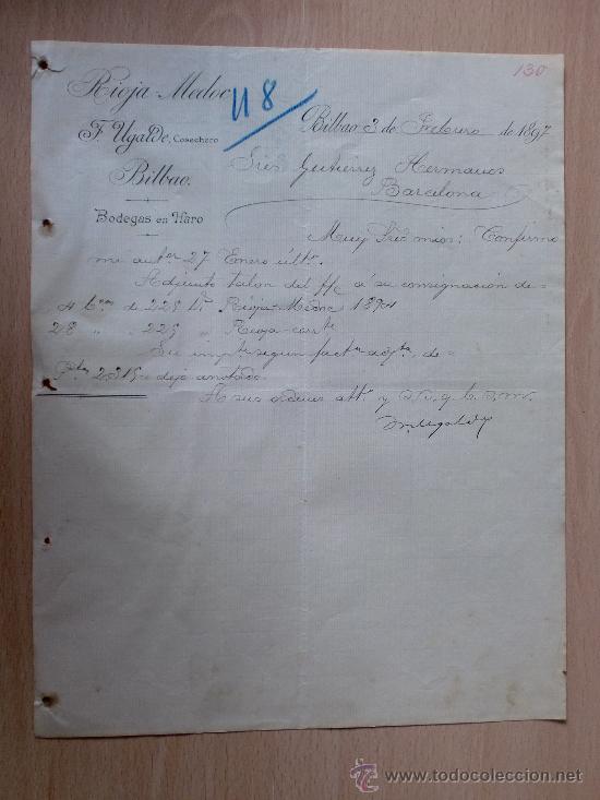 Lettere commerciali: CARTA COMERCIAL. BILBAO 1897. RIOJA MEDOC. F. UGALDE. COSECHERO. BODEGAS EN HARO.