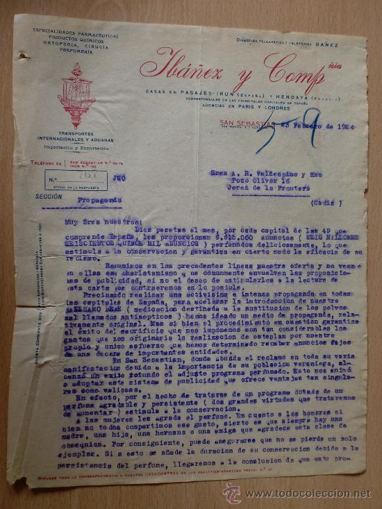 Lettere commerciali: CARTA COMERCIAL. SAN SEBASTIAN 1924. IBA&Ntilde;EZ Y COMPA&Ntilde;IA. ESPECIALIDADES FARMACEUTICAS.