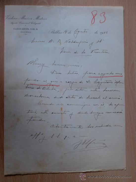 Lettere commerciali: CARTA COMERCIAL. BILBAO 1926. ISIDORO MU&Ntilde;OZ MATEOS. AGENTE COMERCIAL COLEGIADO.