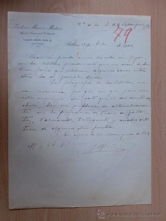 Lettere commerciali: CARTA COMERCIAL. BILBAO 1926. ISIDORO MU&Ntilde;OZ MATEOS. AGENTE COMERCIAL COLEGIADO.