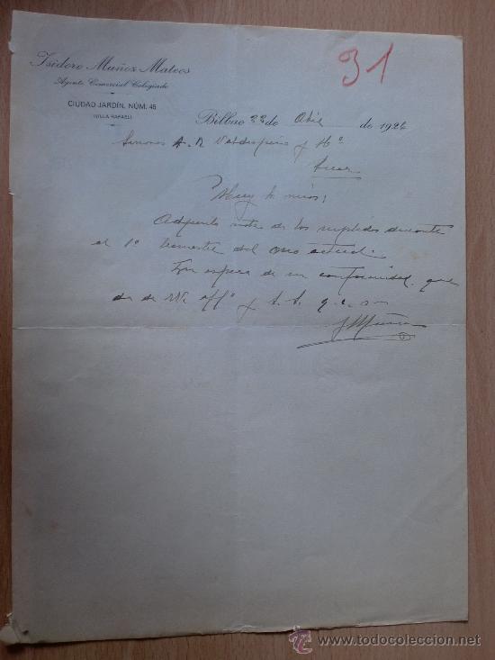 Lettere commerciali: CARTA COMERCIAL. BILBAO 1926. ISIDORO MU&Ntilde;OZ MATEOS. AGENTE COMERCIAL COLEGIADO.