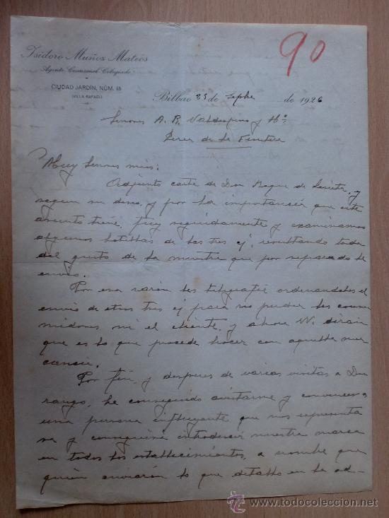 Lettere commerciali: CARTA COMERCIAL. BILBAO 1926. ISIDORO MU&Ntilde;OZ MATEOS. AGENTE COMERCIAL COLEGIADO.