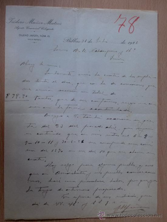 Lettere commerciali: CARTA COMERCIAL. BILBAO 1926. ISIDORO MU&Ntilde;OZ MATEOS. AGENTE COMERCIAL COLEGIADO.