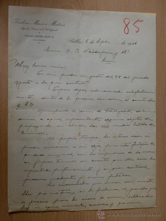Lettere commerciali: CARTA COMERCIAL. BILBAO 1926. ISIDORO MU&Ntilde;OZ MATEOS. AGENTE COMERCIAL COLEGIADO.
