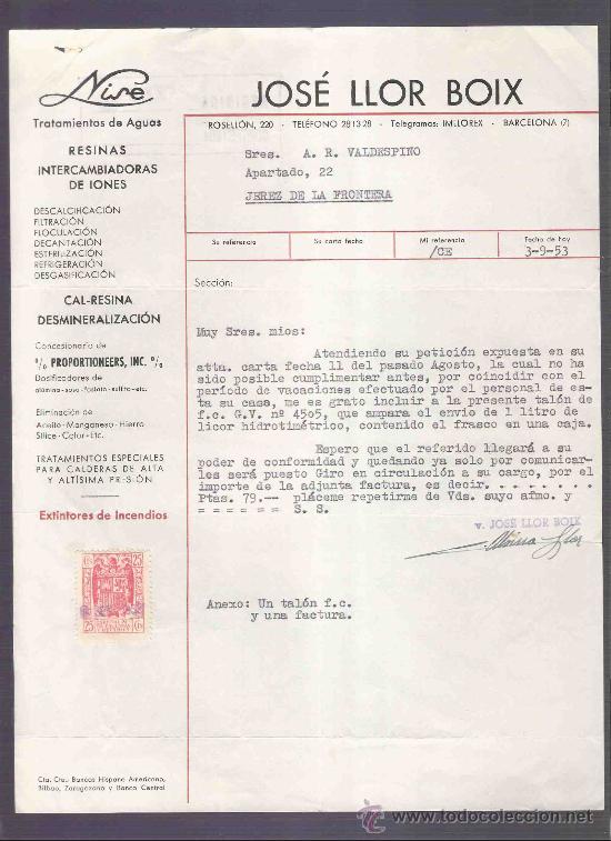 Lettere commerciali: CARTA COMERCIAL. JOSE LLOR BOIX. TRATAMIENTO DE AGUAS.  VALDESPINO. JEREZ. SEPTIEMBRE 1953.