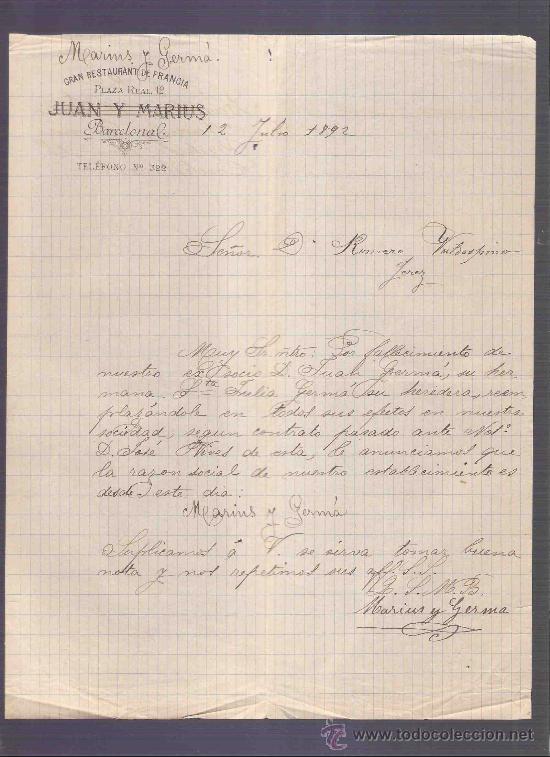 Lettere commerciali: CARTA COMERCIAL. JUAN Y MARIUS. GRAN RESTAURANTE DE FRANCIA.  VALDESPINO. JEREZ. JULIO 1892.