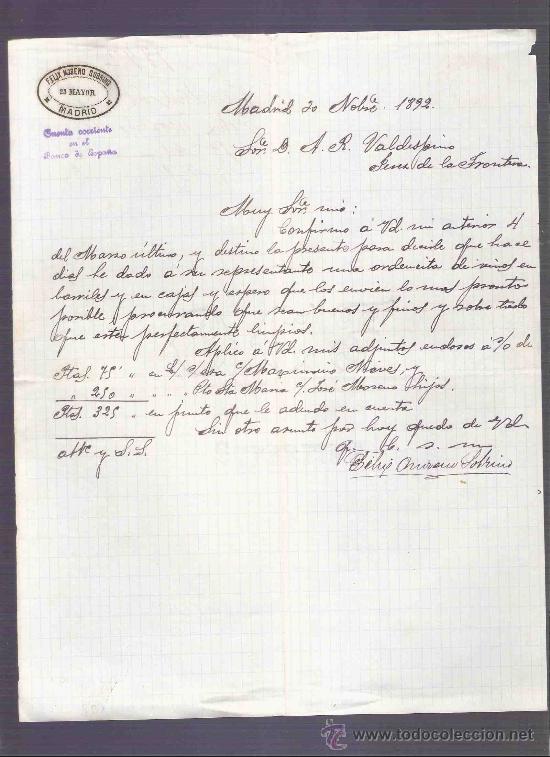 Lettere commerciali: CARTA COMERCIAL. FELIX MORENO SOBRINO. MADRID.  VALDESPINO. JEREZ. NOVIEMBRE 1892.
