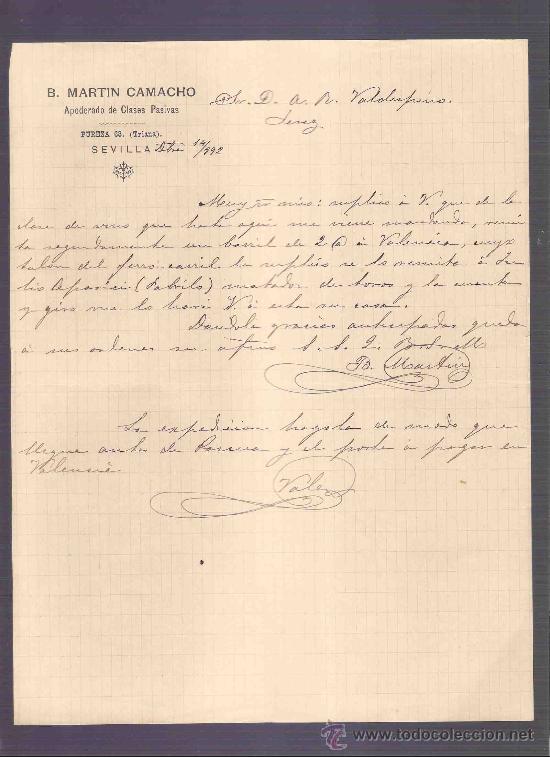 Gesch&auml;ftsbriefe: CARTA COMERCIAL. B. MARTIN CAMACHO. APODERADO DE CLASES PASIVAS.  VALDESPINO. JEREZ. 1892.