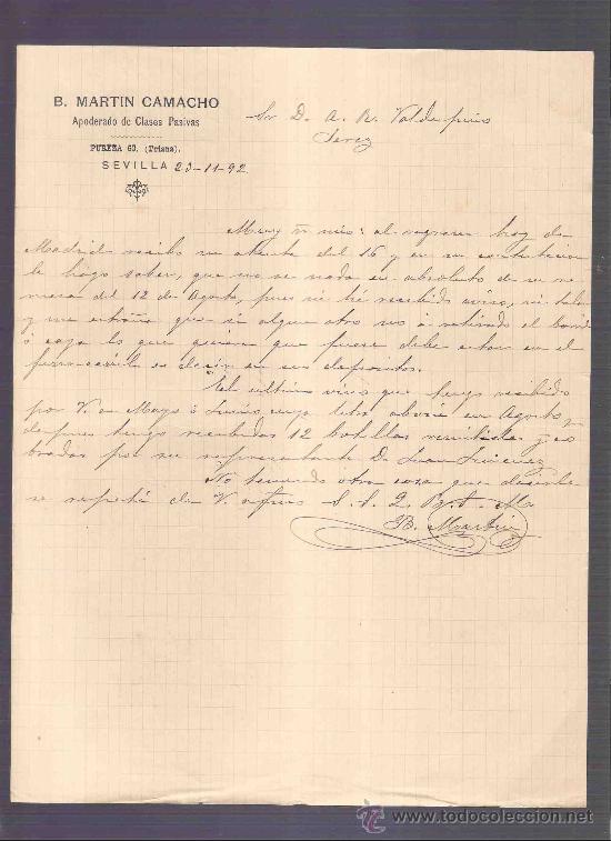 Gesch&auml;ftsbriefe: CARTA COMERCIAL. B. MARTIN CAMACHO. APODERADO DE CLASES PASIVAS.  VALDESPINO. JEREZ. NOVIEMBRE 1892.