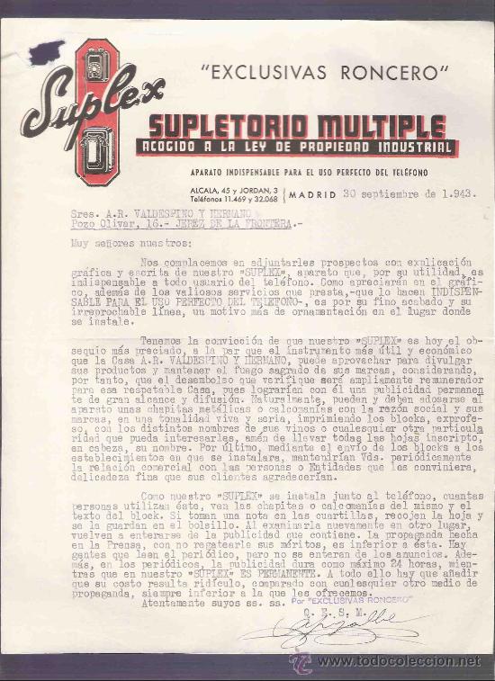 Gesch&auml;ftsbriefe: CARTA COMERCIAL. SUPLETORIO MULTIPLE. SUPLEX. EXCLUSIVAS RONCERO. VALDESPINO. JEREZ. SEPTIEMBRE 1943