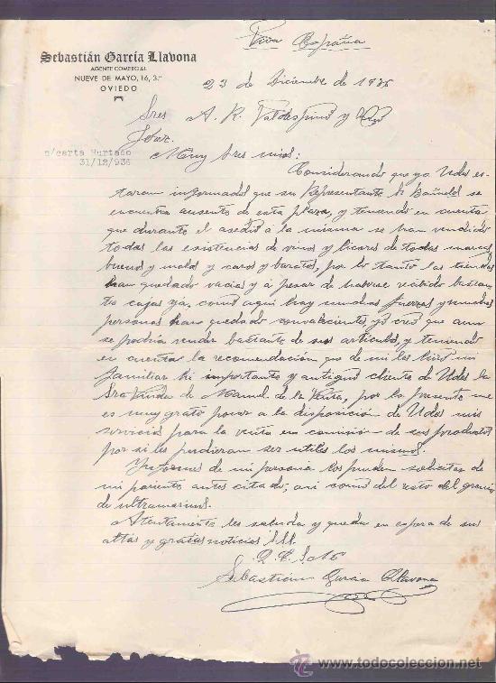 Gesch&auml;ftsbriefe: CARTA COMERCIAL. SEBASTIAN GARCIA LLABONA. AGENTE COMERCIAL.  VALDESPINO. JEREZ. DICIEMBRE 1936.