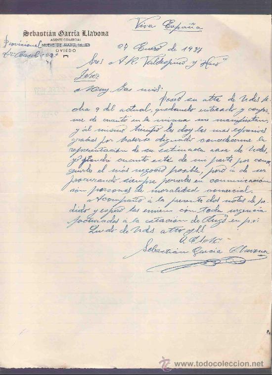 Gesch&auml;ftsbriefe: CARTA COMERCIAL. SEBASTIAN GARCIA LLABONA. AGENTE COMERCIAL.  VALDESPINO. JEREZ. ENERO 1937.