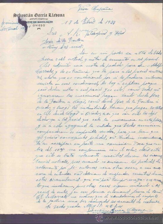 Gesch&auml;ftsbriefe: CARTA COMERCIAL. SEBASTIAN GARCIA LLABONA. AGENTE COMERCIAL.  VALDESPINO. JEREZ. FEBRERO 1937.