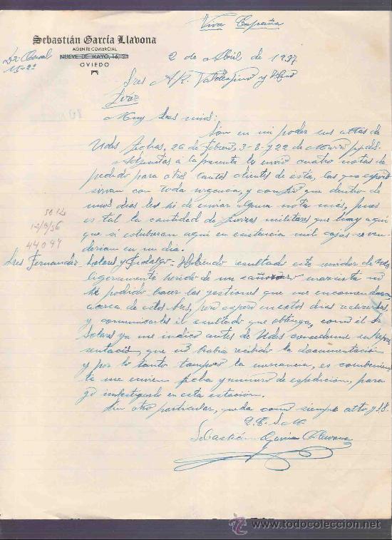 Gesch&auml;ftsbriefe: CARTA COMERCIAL. SEBASTIAN GARCIA LLABONA. AGENTE COMERCIAL.  VALDESPINO. JEREZ. ABRIL 1937.