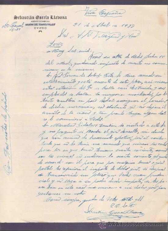 Gesch&auml;ftsbriefe: CARTA COMERCIAL. SEBASTIAN GARCIA LLABONA. AGENTE COMERCIAL.  VALDESPINO. JEREZ. ABRIL 1937.