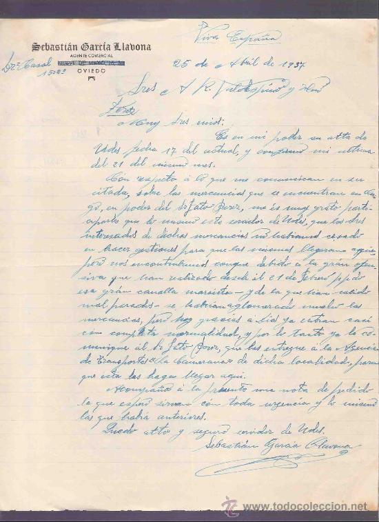 Gesch&auml;ftsbriefe: CARTA COMERCIAL. SEBASTIAN GARCIA LLABONA. AGENTE COMERCIAL.  VALDESPINO. JEREZ. ABRIL 1937.