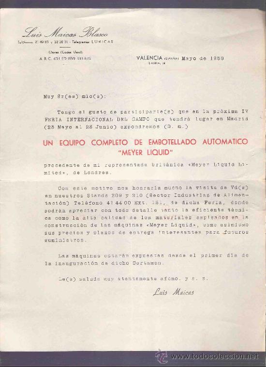 Gesch&auml;ftsbriefe: CARTA COMERCIAL .LUIS MAICAS BLASCO. VALENCIA, MAYO 1959.