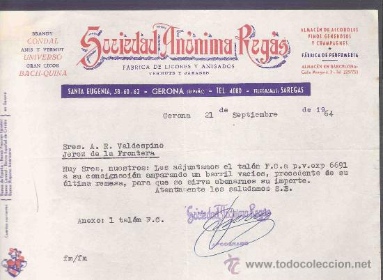 Gesch&auml;ftsbriefe: CARTA COMERCIAL. SOCIEDAD ANONIMA REGAS.FABRICA LICORES.  VALDESPINO. JEREZ. GERONA, SEPTIEMBRE 1964