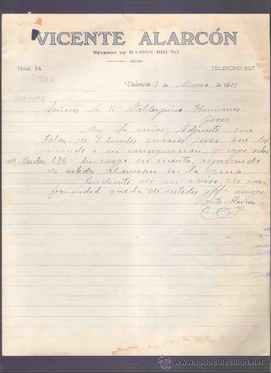 Gesch&auml;ftsbriefe: CARTA COMERCIAL. VICENTE ALARCON.  VALDESPINO. JEREZ. VALENCIA, MARZO 1935.