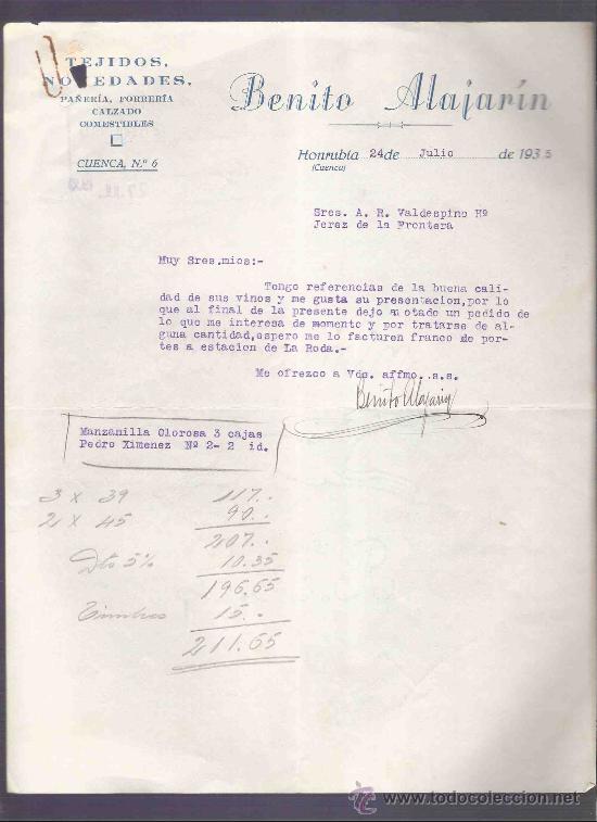 Gesch&auml;ftsbriefe: CARTA COMERCIAL. BENITO ALAJARIN. TEJIDOS.  VALDESPINO. JEREZ. CUENCA, JULIO 1935.