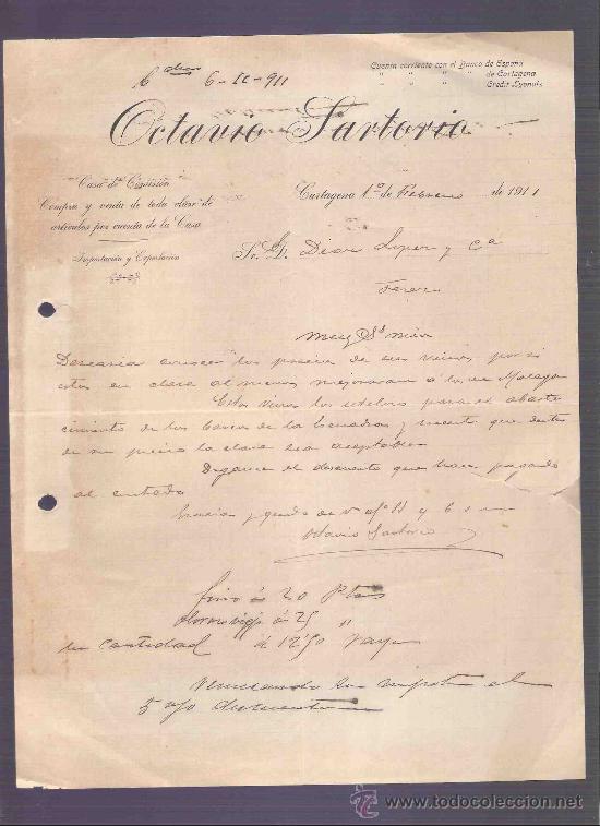 Gesch&auml;ftsbriefe: CARTA COMERCIAL. OCTAVIO SARTORIO. LOPEZ Y CIA. CASA DE COMISION. CARTAGENA, FEBRERO 1911.